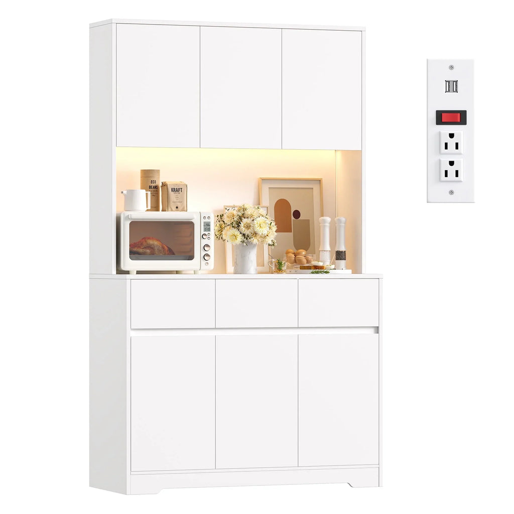 Homfa 70.9'' Tall Kitchen Pantry Cabinet with Charge Station & Led Light, 3 Drawer Storage Cabinet with Adjustable Shelves, White - image 2