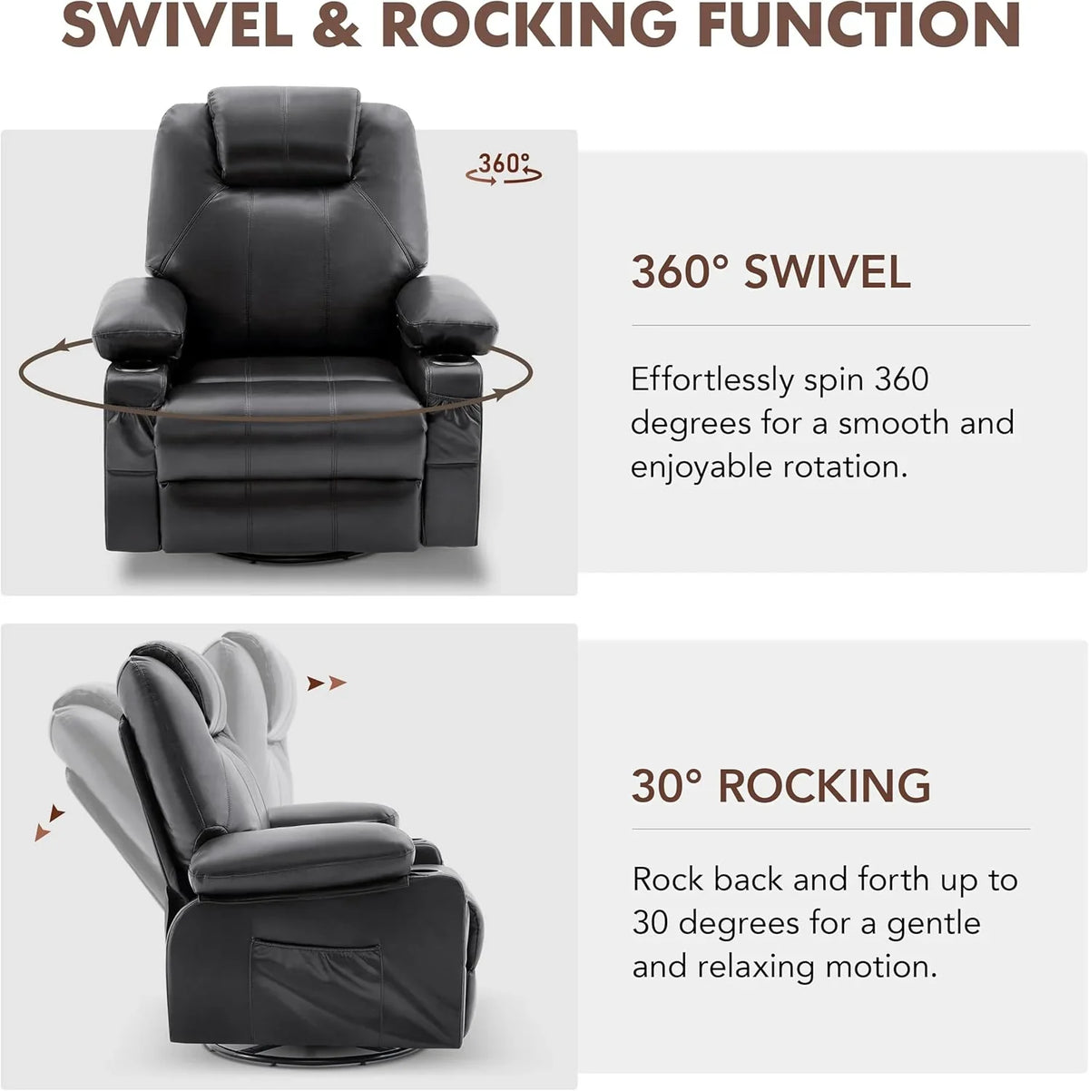 Oversized Swivel Rocker Recliner Chair with Heat and Massage, 360 Degree Swivel Rocking Single Sofa with Cup Holders and USB Port, Large Big Recliner Chair for Living Room (Leather, Brown) - image 24
