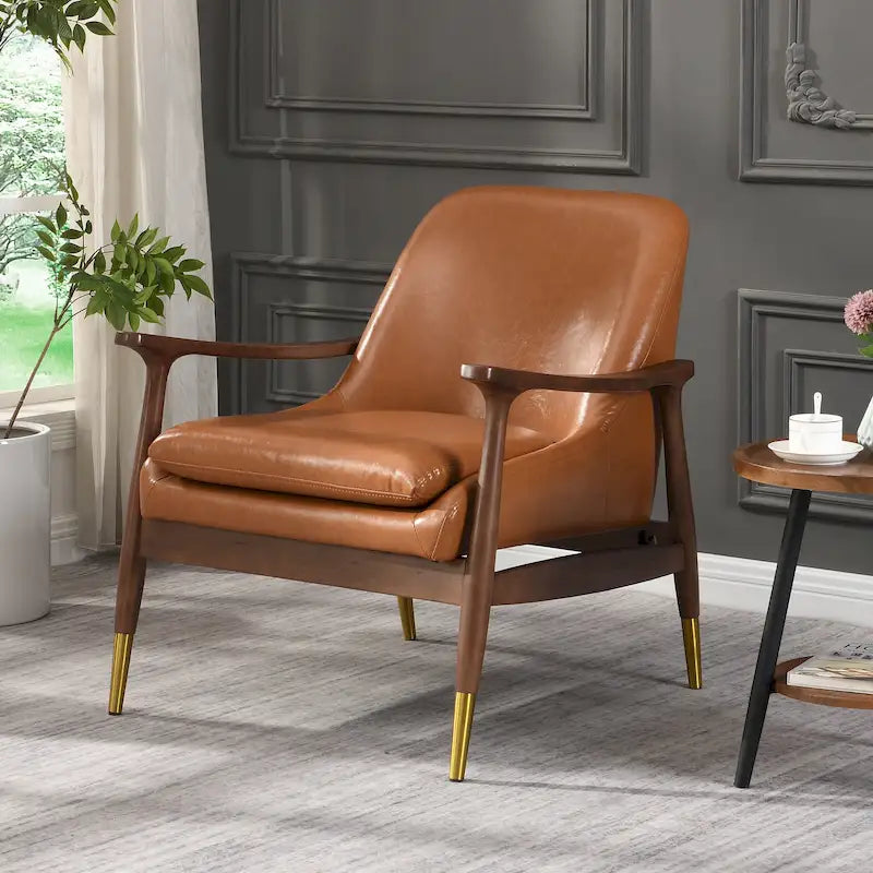 Mid-Century Modern Faux Leather Accent Chair - 29.2", Cushioned Seat, Sturdy Wood Frame, and Brass-Tipped Legs - image 2
