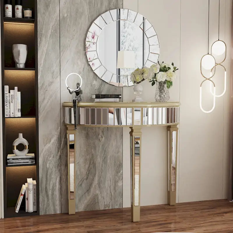Silver Mirrored Half Moon Console Sofa Table - 35.4 x 31.6 Inches - image 1