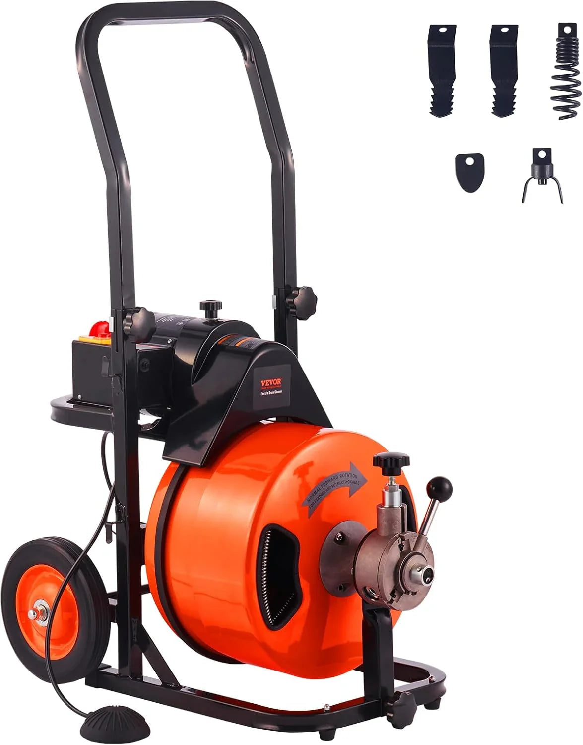 Drain Cleaner Machine 100FT x 1/2Inch, Auto Feed Sewer Snake Auger with 4 Cutter & Air-activated Foot Switch for 1" to 4" Pip