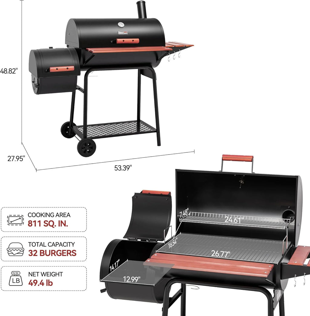 Royal Gourmet CC1830W 30-Inch Charcoal Grill with Offset Smoker and Wood-Painted Side Table Outdoor Smoker Grill with 811 Sq.