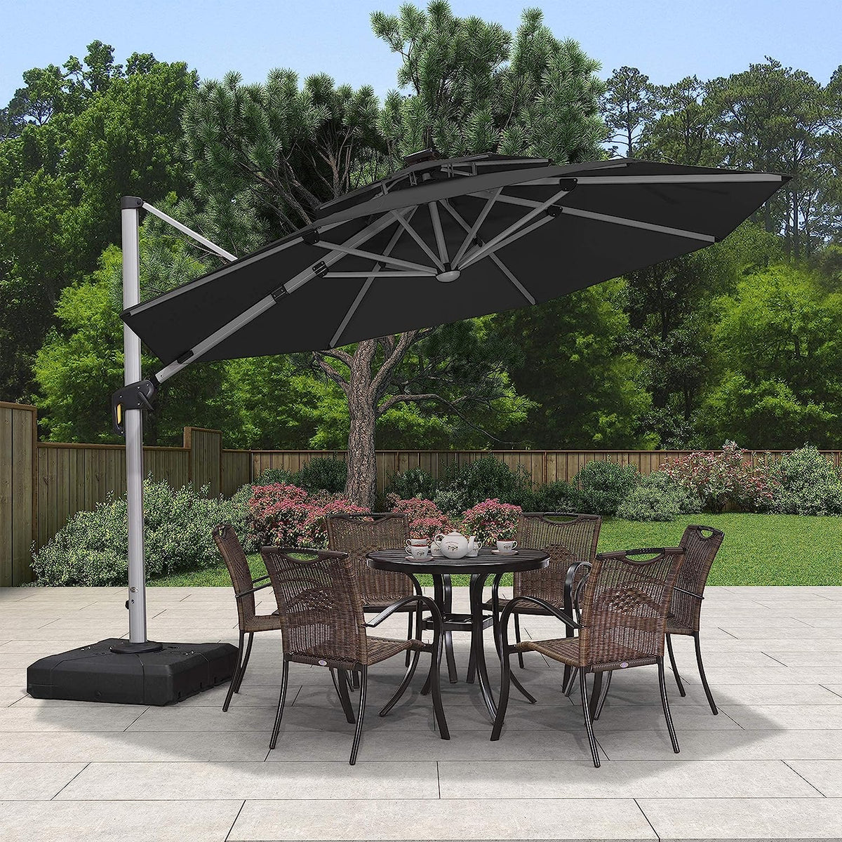 12ft Solar LED Patio Umbrella Outdoor Round Umbrella Large Cantilever Umbrella with LED Lights Windproof Bias Umbrella Heavy 