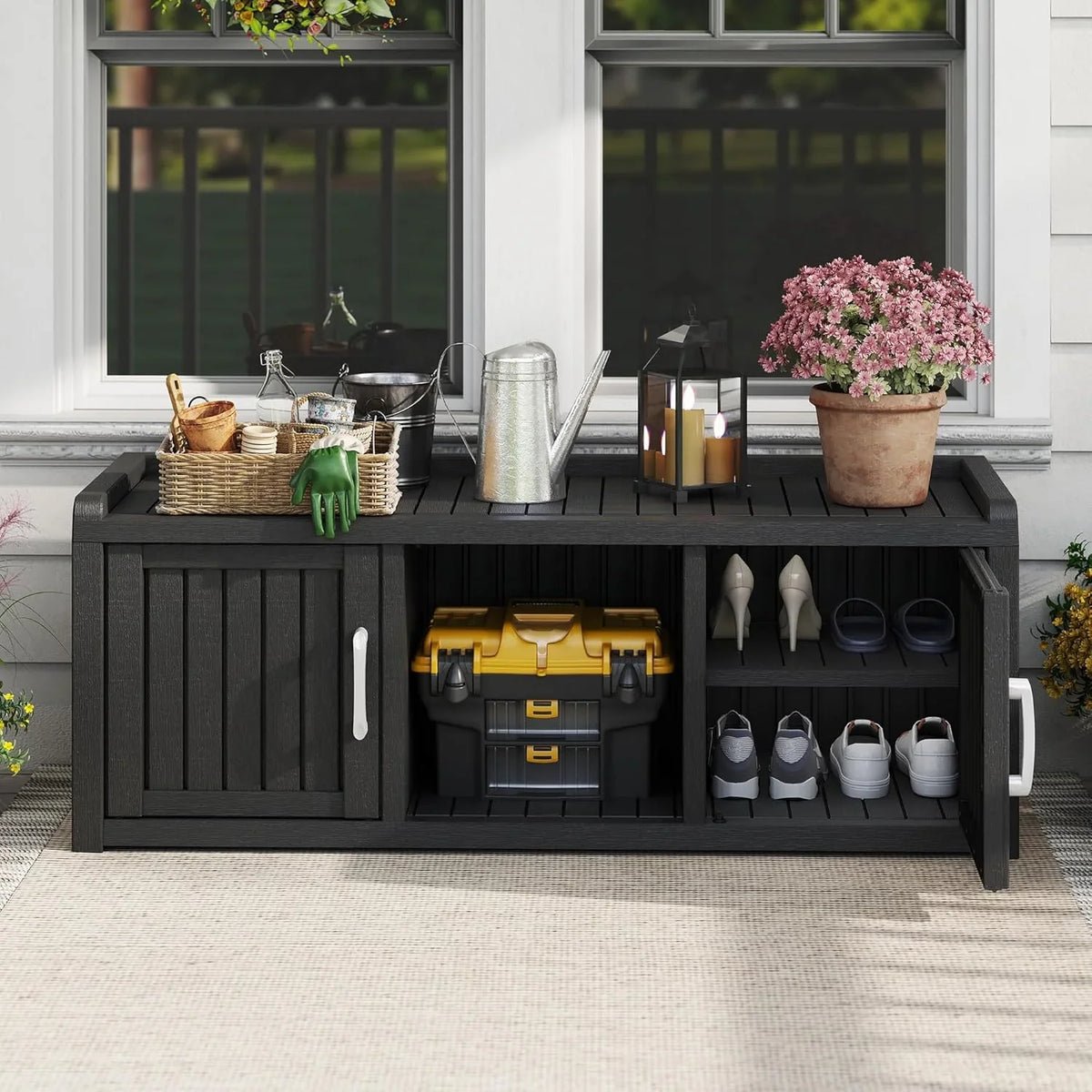 KAMABOKO Outdoor Shoe Storage Cabinet, Waterproof UV-Resistant Entryway Storage Bench Indoor Outdoor with 2 Barn Doors, Adjus