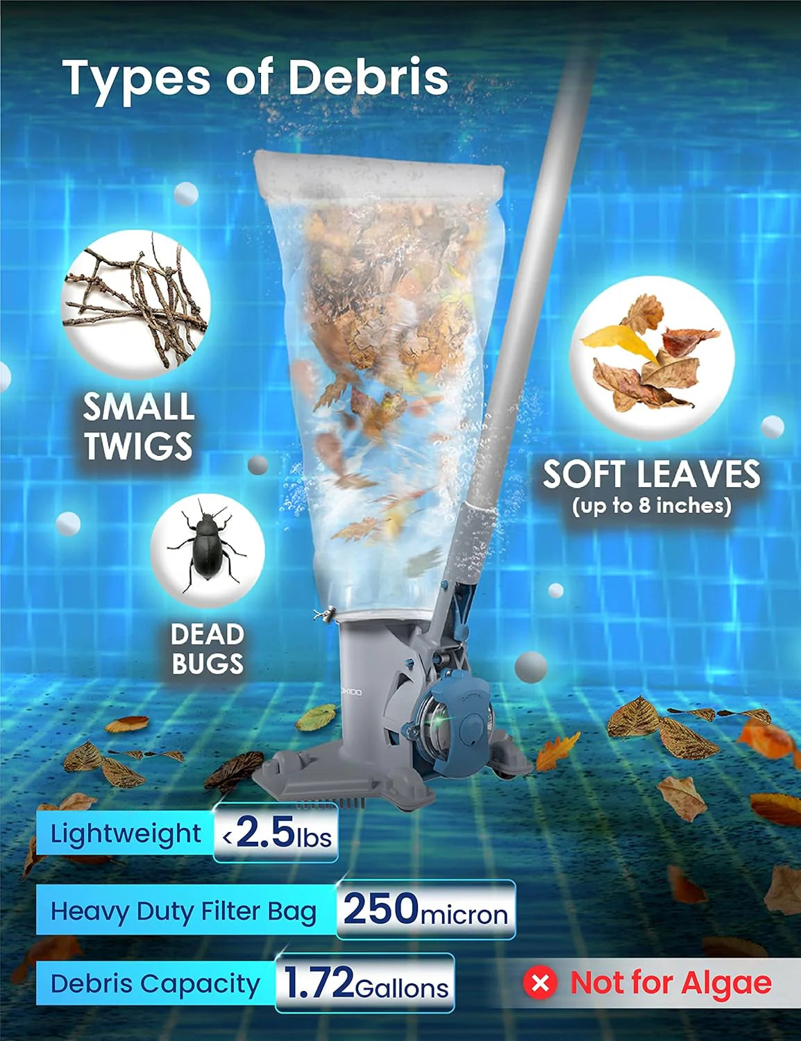 Kokido Cordless Pool Leaf Vacuum, 30 GPM, 75 Min Runtime, Grey & Blue - XV410
