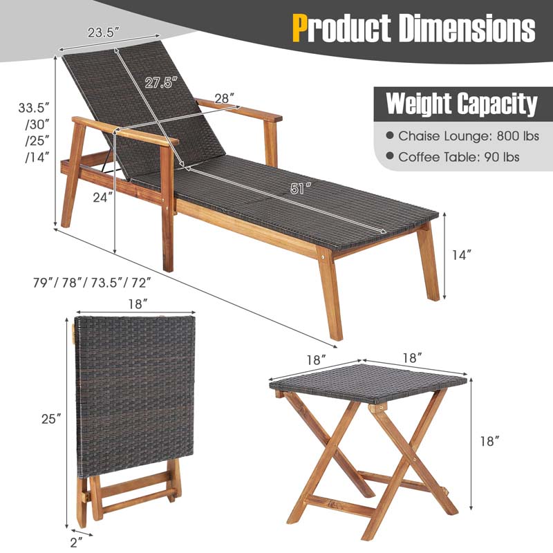 Acacia Wood Amp Rattan Patio Beach Outdoor Chaise Lounge Chairs Pool Sun Lounger Set With Folding Side Table - High Quality S