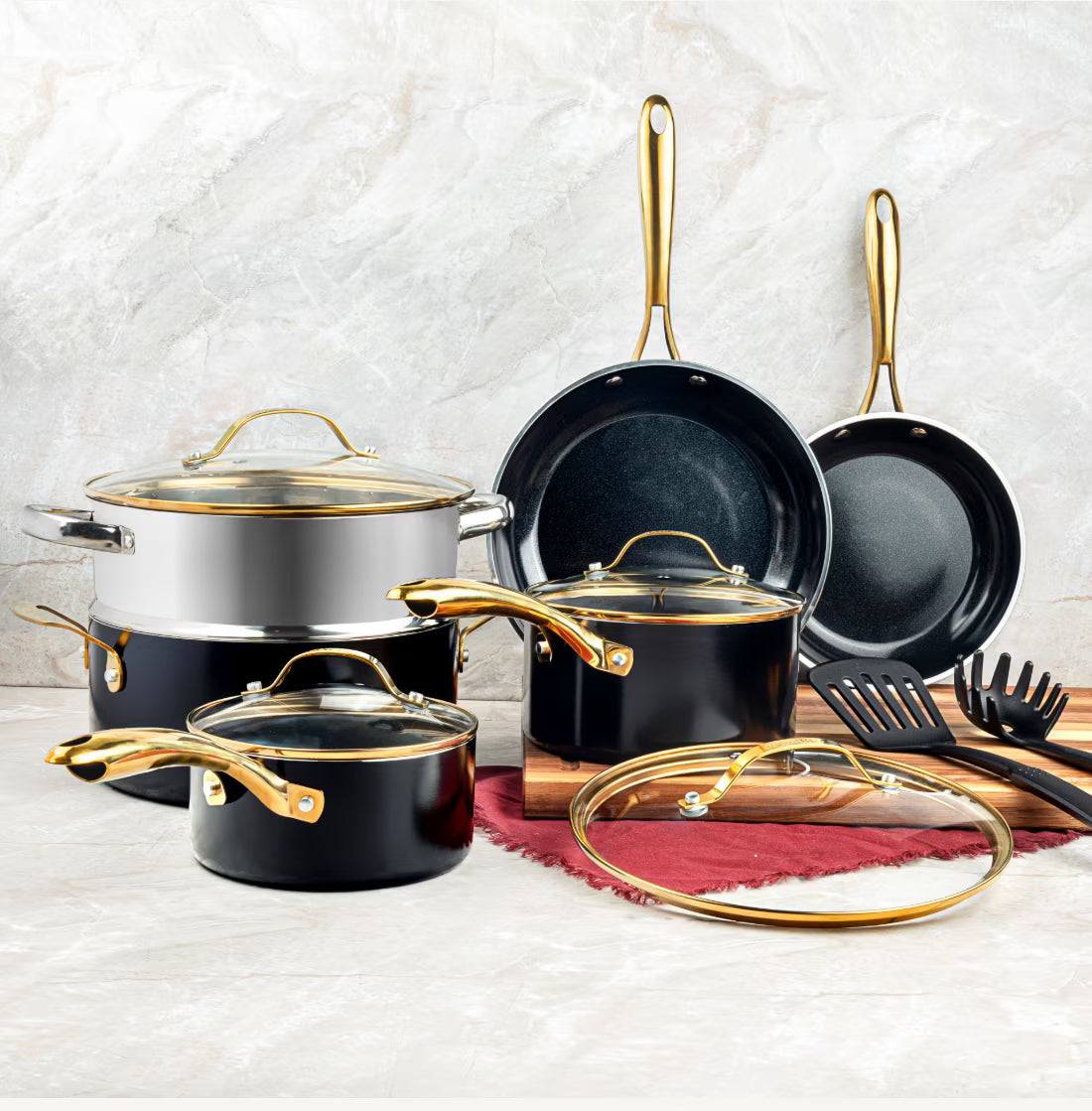 Gotham Steel 15 Pc Ceramic Cookware Set Nonstick, Ceramic Pots and Pans Set Non Stick with Steamer & Cooking Utensils, Non Toxic, Premium Stay Cool Handles, Oven & Dishwasher Safe, Blue - image 3