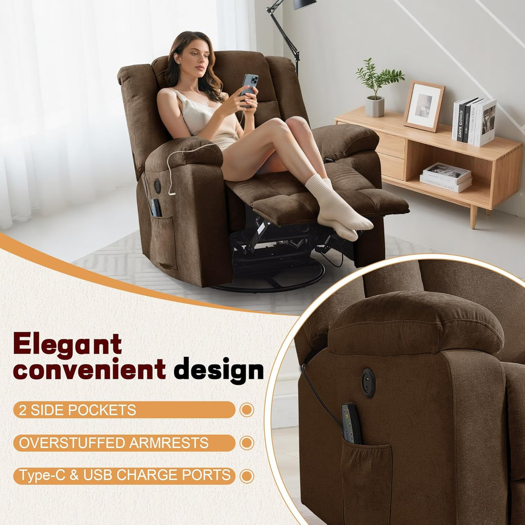 Rocker Recliner, Glider Recliner Chairs for Adults, 360° Swivel Rocking Chair with Massage and Heating, Nursery Chair with Storage and USB Charging for Living Room, Bedroom, Nursery - image 25