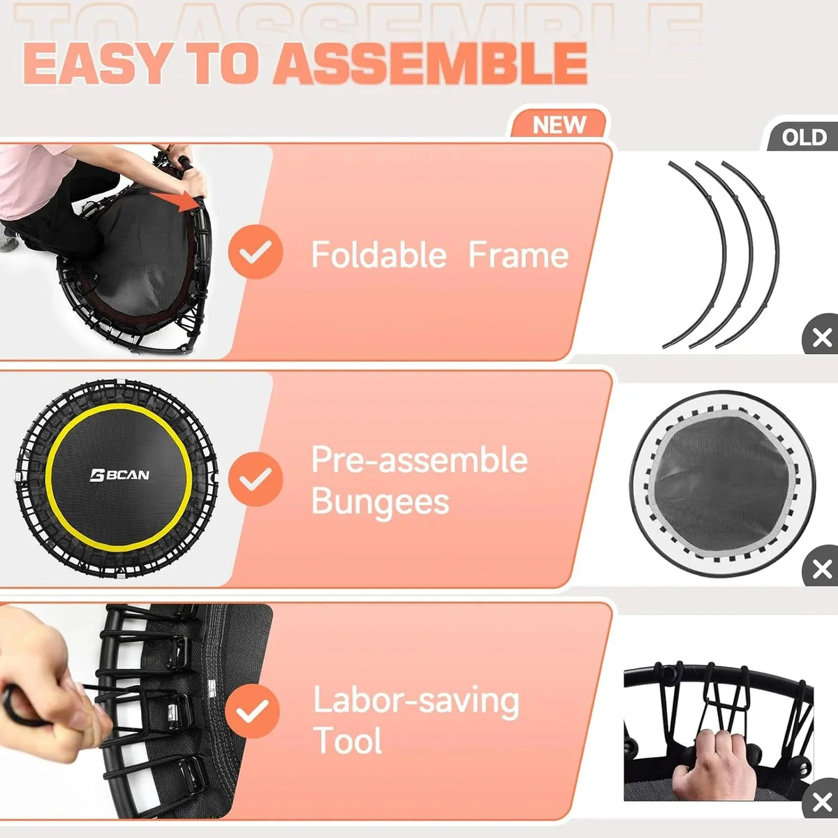 BCAN 450/550 LBS Foldable Mini Trampoline, 40"/48" Fitness Trampoline with Bungees, U Shape Adjustable Foam Handle, Stable & Quiet Exercise Rebounder for Adults Indoor/Outdoor Workout - image 82