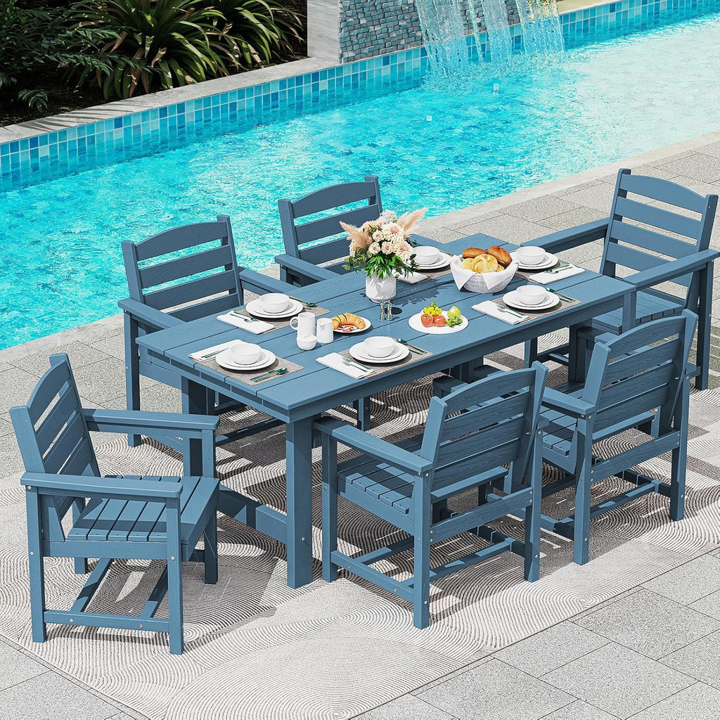 SERWALL 7-Piece Patio Table Set, Outdoor HDPE Dining Furniture with Umbrella Hole, All Weather Table and Chairs for Lawn, Garden, Poolside, Aruba - image 79