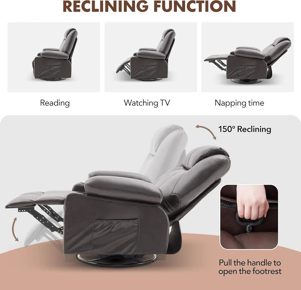 Oversized Swivel Rocker Recliner Chair with Heat and Massage, 360 Degree Swivel Rocking Single Sofa with Cup Holders and USB Port, Large Big Recliner Chair for Living Room (Leather, Brown) - image 41