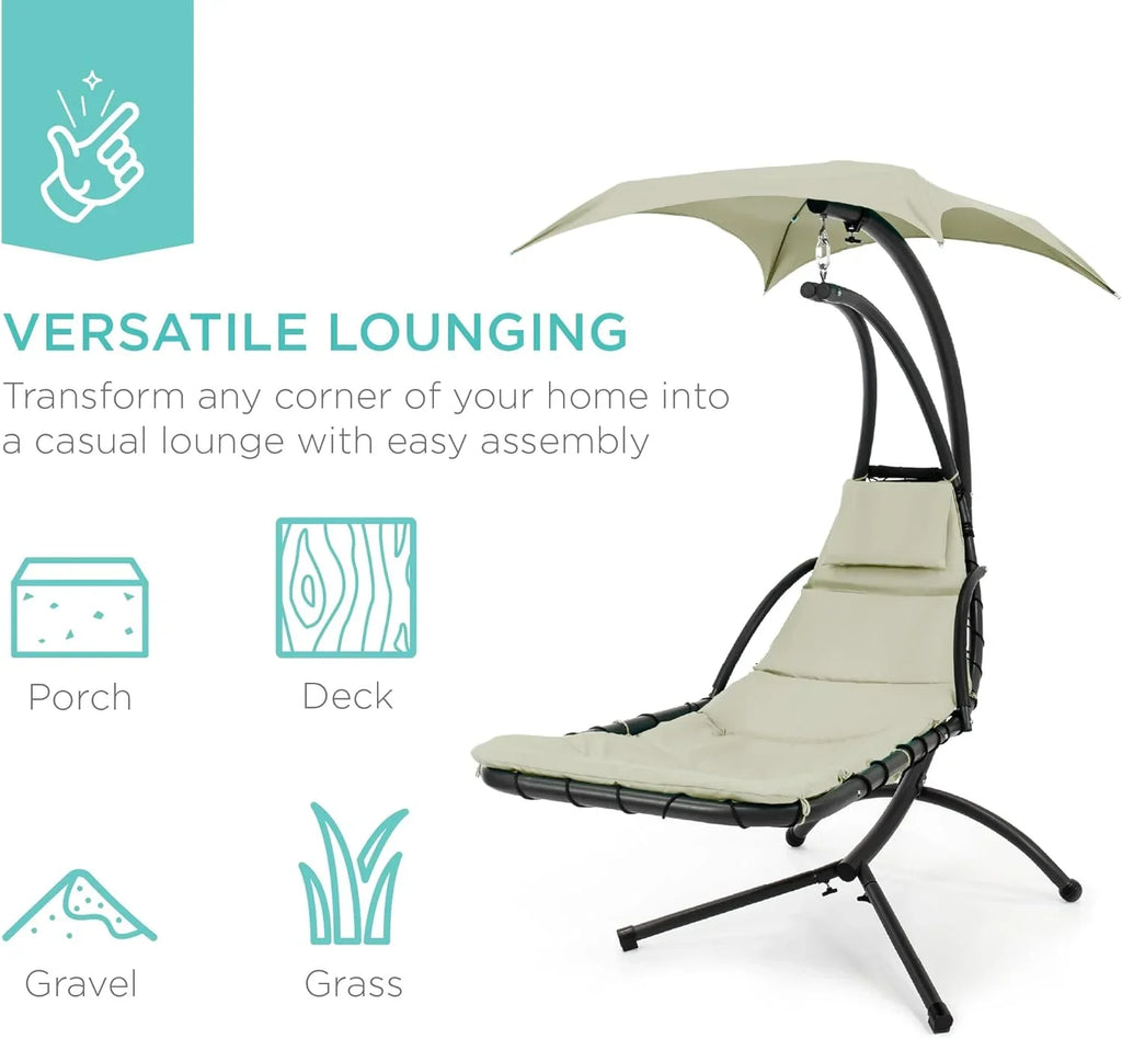 Best Choice Products Outdoor Hanging Curved Steel Chaise Lounge Chair Swing w/Built-in Pillow and Removable Canopy - Charcoal