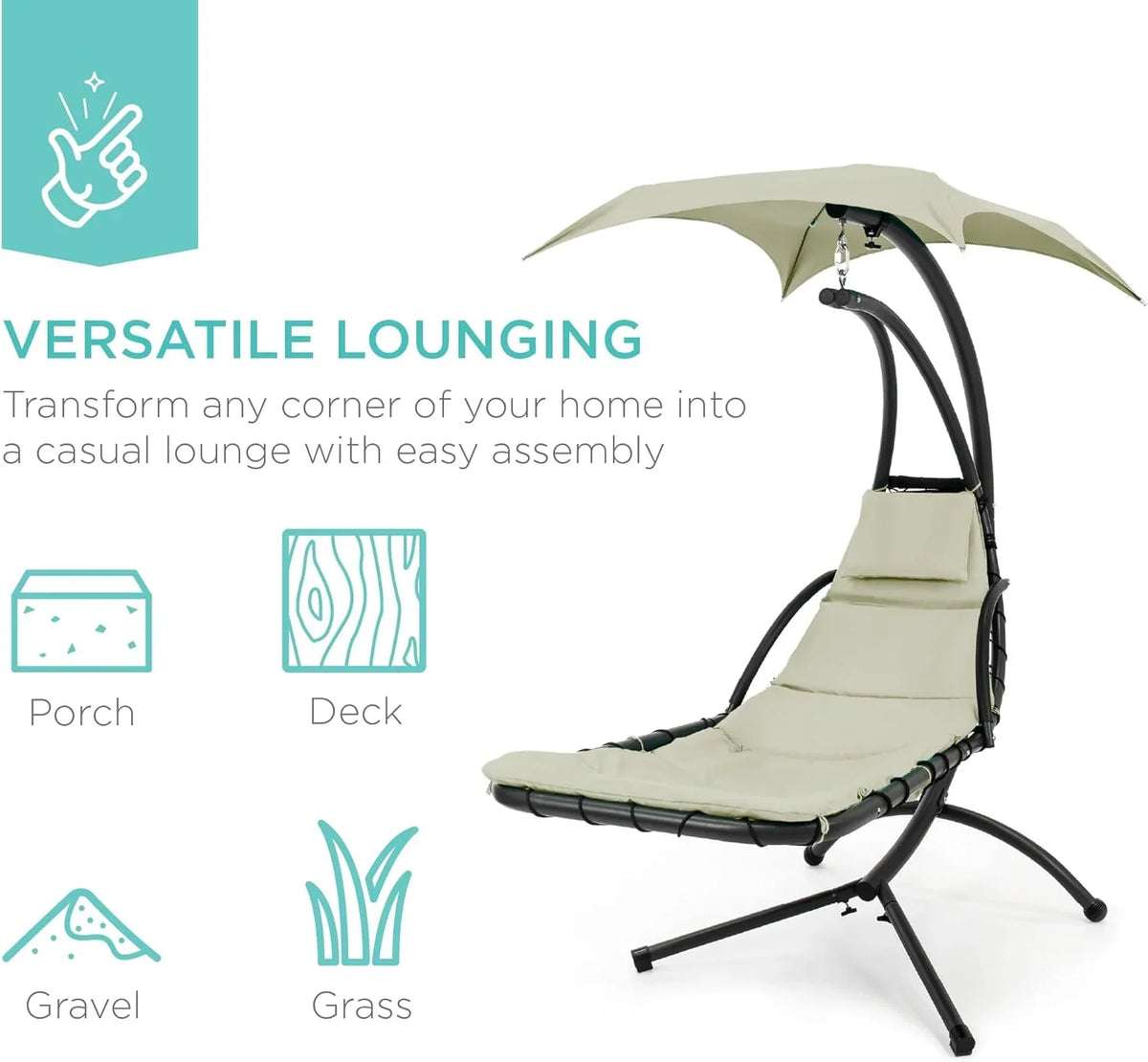 Best Choice Products Outdoor Hanging Curved Steel Chaise Lounge Chair Swing w/Built-in Pillow and Removable Canopy - Charcoal