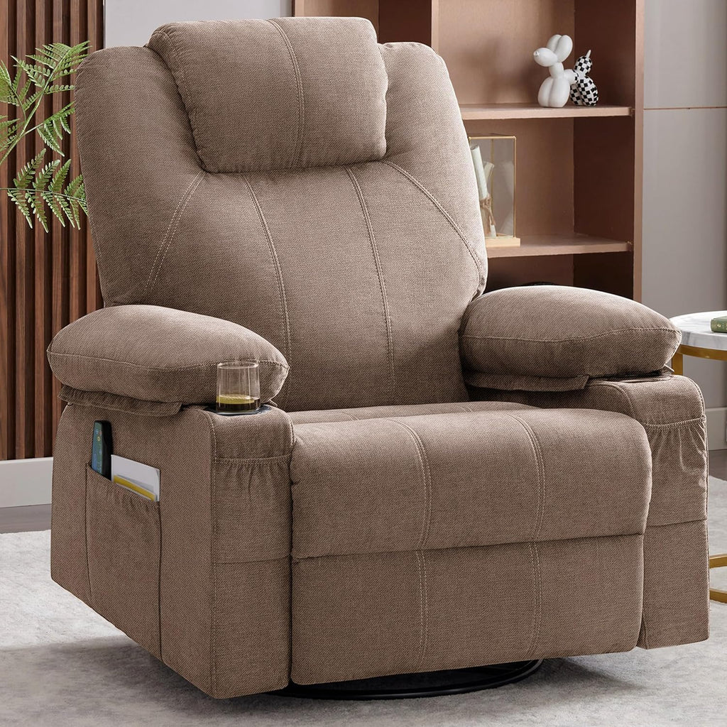 Oversized Swivel Rocker Recliner Chair with Heat and Massage, 360 Degree Swivel Rocking Single Sofa with Cup Holders and USB Port, Large Big Recliner Chair for Living Room (Leather, Brown) - image 5
