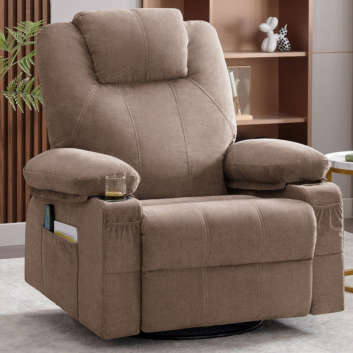 Oversized Swivel Rocker Recliner Chair with Heat and Massage, 360 Degree Swivel Rocking Single Sofa with Cup Holders and USB Port, Large Big Recliner Chair for Living Room (Leather, Brown) - image 5