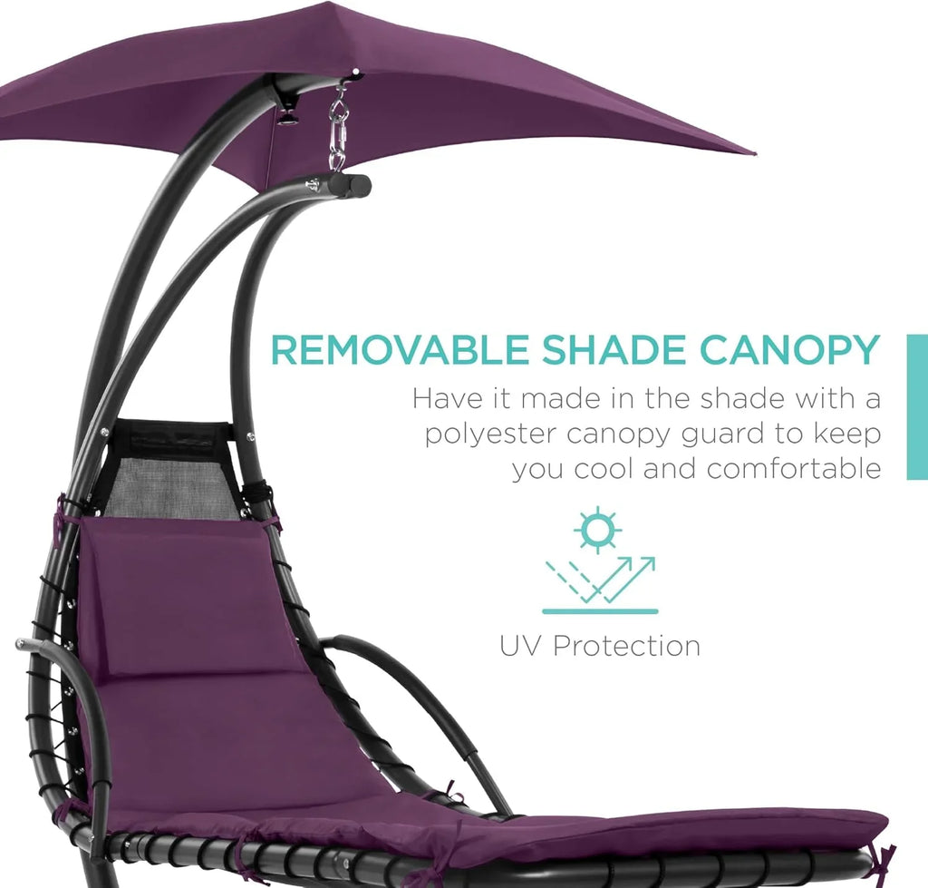 Best Choice Products Outdoor Hanging Curved Steel Chaise Lounge Chair Swing w/Built-in Pillow and Removable Canopy - Charcoal