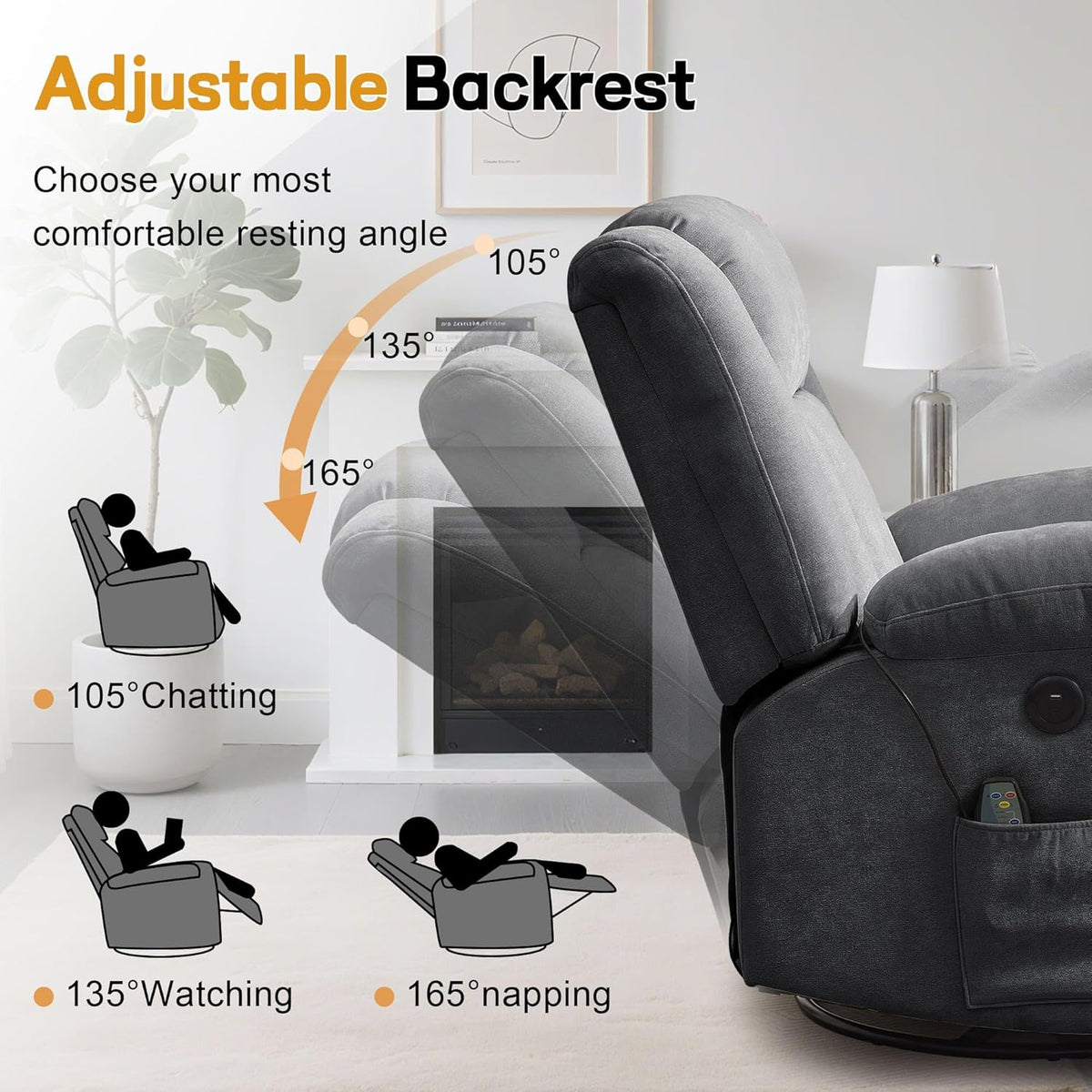 Rocker Recliner, Glider Recliner Chairs for Adults, 360° Swivel Rocking Chair with Massage and Heating, Nursery Chair with Storage and USB Charging for Living Room, Bedroom, Nursery - image 34
