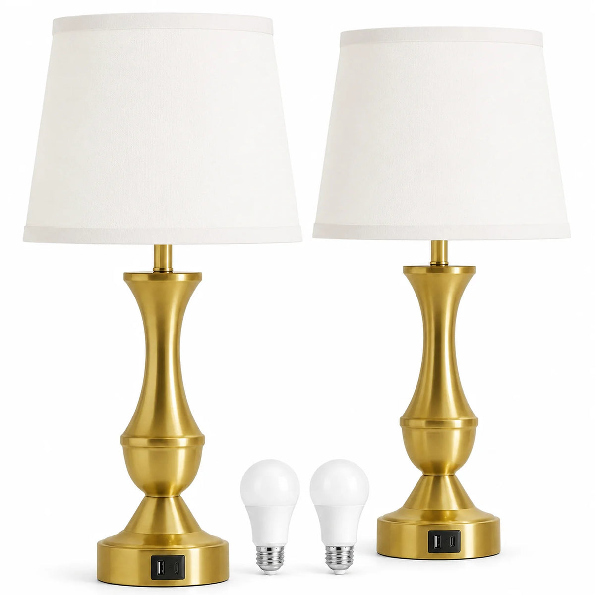 Set of 2 Gold Touch-Control Table Lamps with USB-C and USB-A Ports, White Linen Shades - image 1
