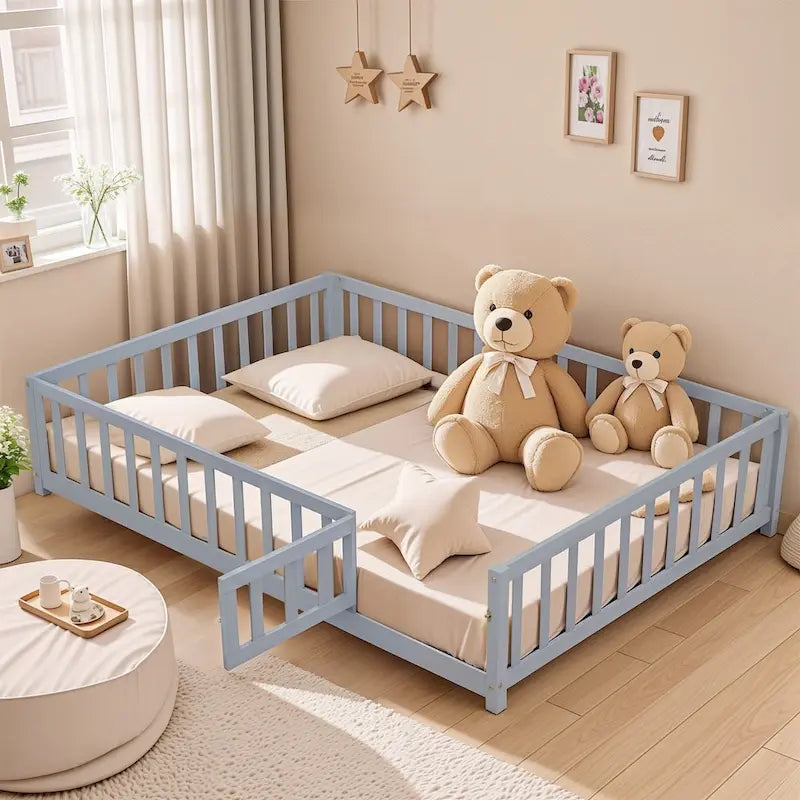 Kids' Full-Size Wooden Floor Bed with Fence and Door - image 5
