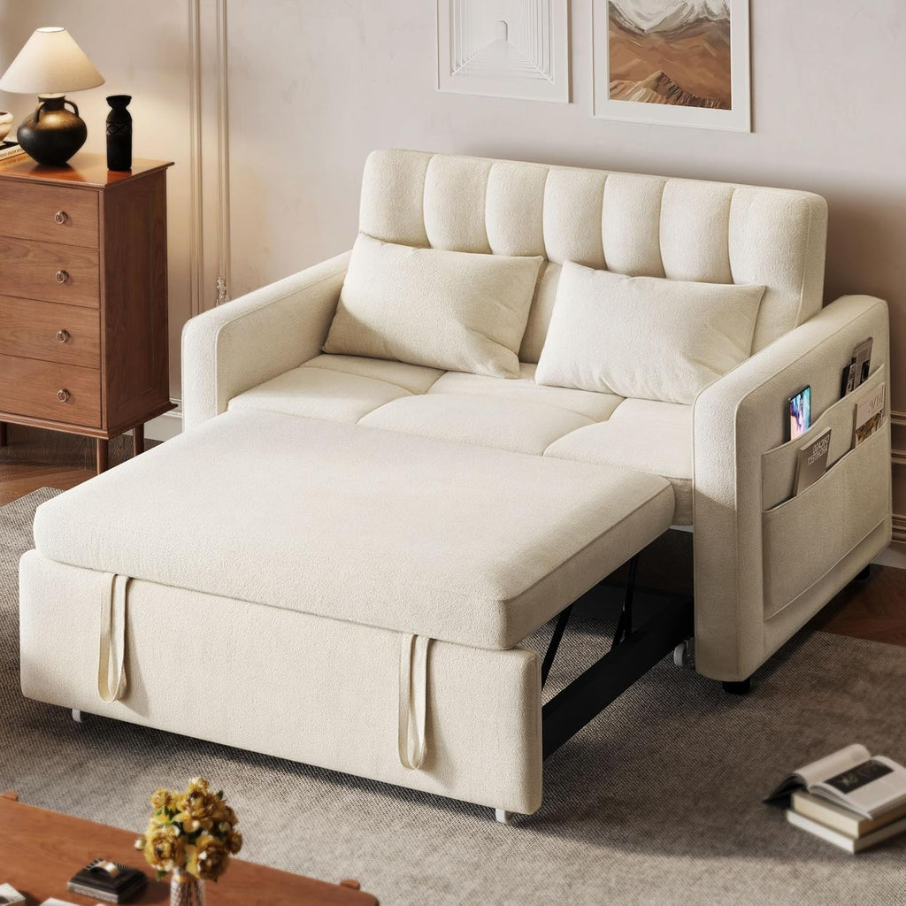 DWVO 3-in-1 Convertible Sofa Bed, 55" Sleeper Sofa with Pull-Out Bed, Cat-Scratch-Proof Fabric Futon Couch with Adjustable Backrest and Side Pocket, Loveseat for Living Room Apartment, Grey - image 1