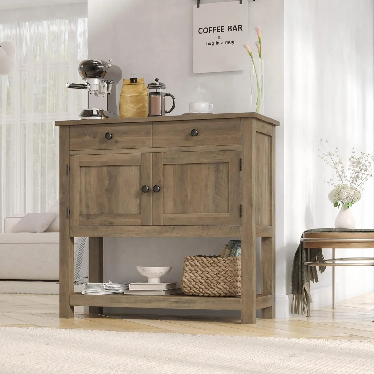 HOSTACK Farmhouse Console Table with 2-Door Cabinet & 2 Drawers, Coffee Bar, Entryway Table with Storage Shelf, Sofa Tables Buffet Sideboard for Kitchen, Hallway, Dining, Living Room, Rustic Brown - image 2