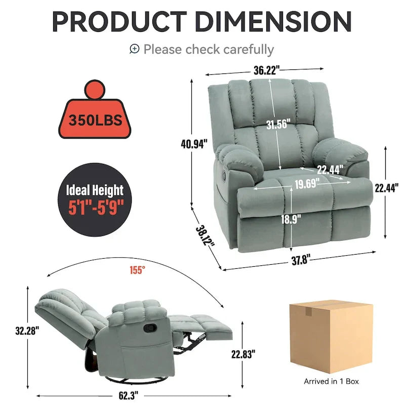 Extra-Large Swivel Rocker Recliner with Footrest and Pockets - Manual Operation - image 13