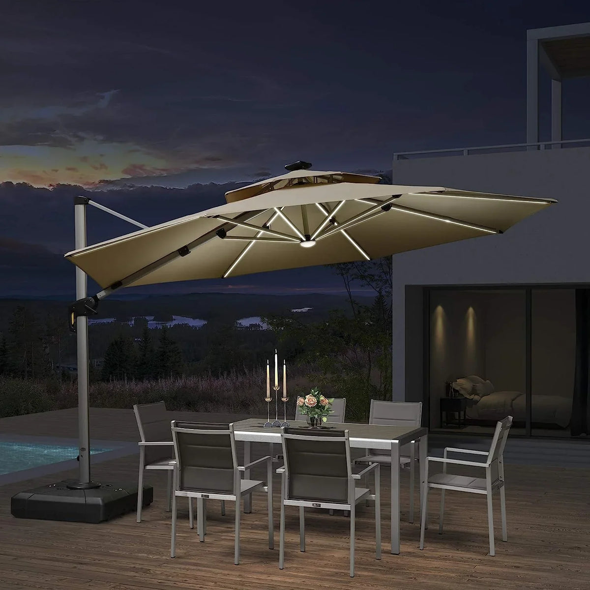 12ft Solar LED Patio Umbrella Outdoor Round Umbrella Large Cantilever Umbrella with LED Lights Windproof Bias Umbrella Heavy 