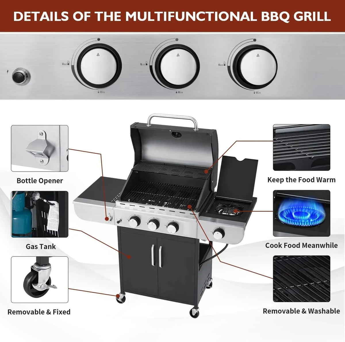 Upgraded 4 Burner BBQ Propane Gas Grill with Cast Iron Grates & Side Stove, 44,000 BTU Stainless Steel Burner Barbecue Grill 