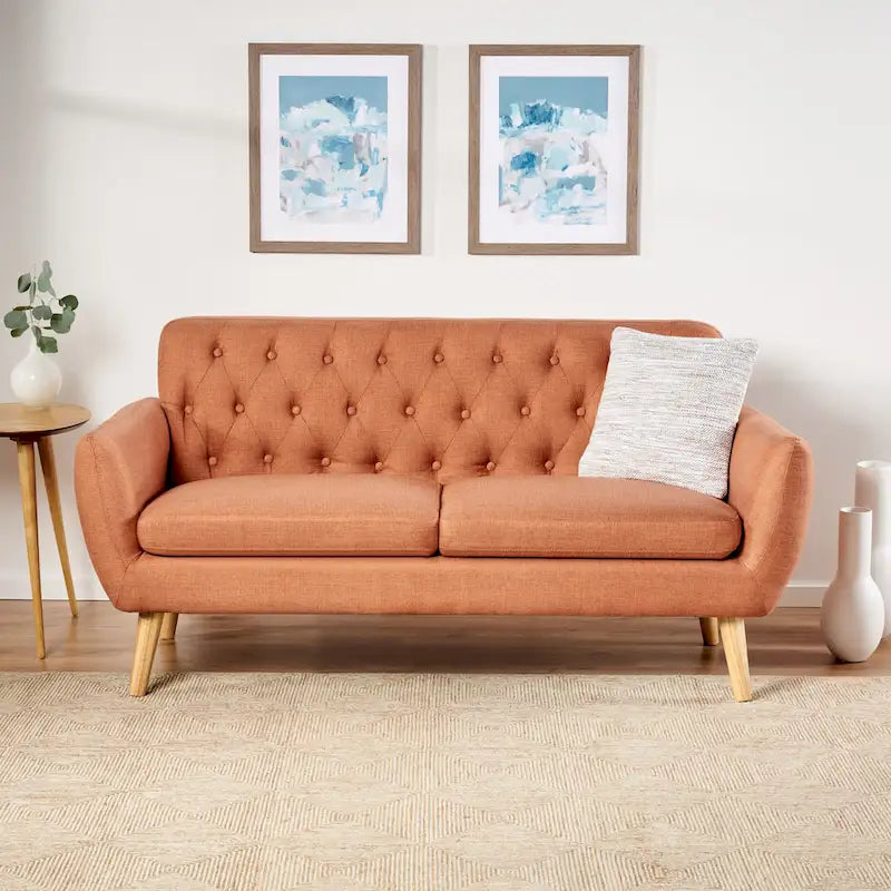 Mid Century Tufted Sofa with Cushioned Seat and Wooden Legs - image 1