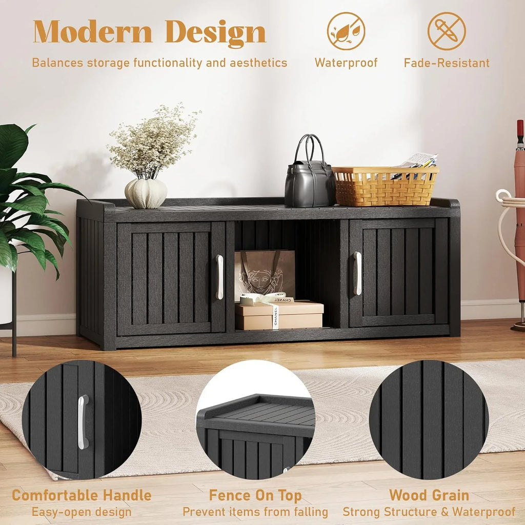 KAMABOKO Outdoor Shoe Storage Cabinet, Waterproof UV-Resistant Entryway Storage Bench Indoor Outdoor with 2 Barn Doors, Adjus