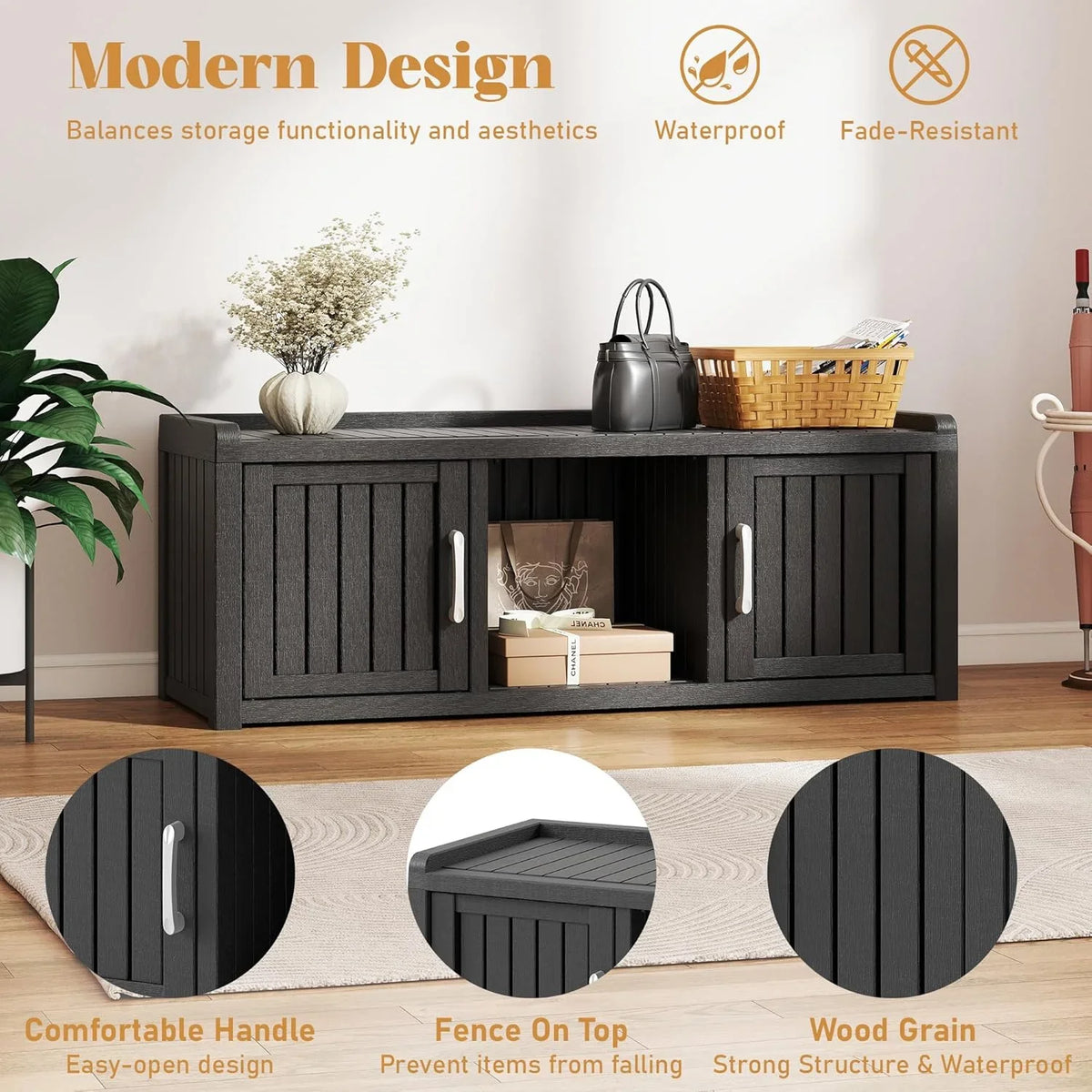KAMABOKO Outdoor Shoe Storage Cabinet, Waterproof UV-Resistant Entryway Storage Bench Indoor Outdoor with 2 Barn Doors, Adjus