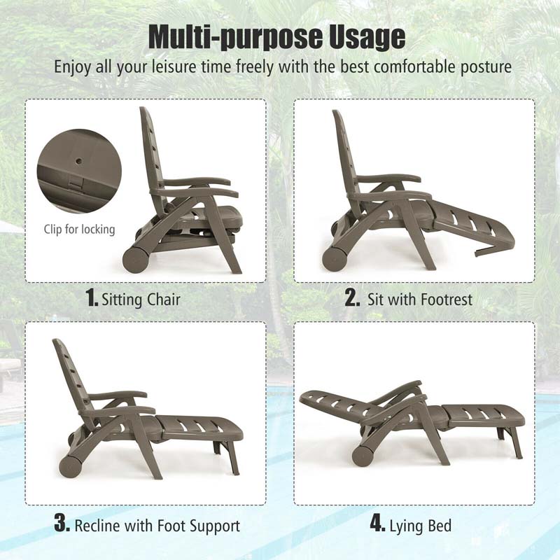Rolling Folding Plastic Pool Lounge Chair With Armrests 5 Position Outdoor Sun Lounger Patio Deck Chair Beach Chair - Comfort