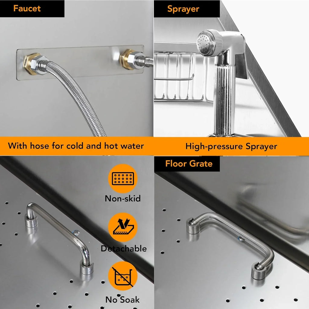 50" Dog Wash Bathtub, Pet Wash Station, Professional Stainless Steel Dog Grooming Tub with Ramp, Faucet, Sprayer, Drain Kit, 