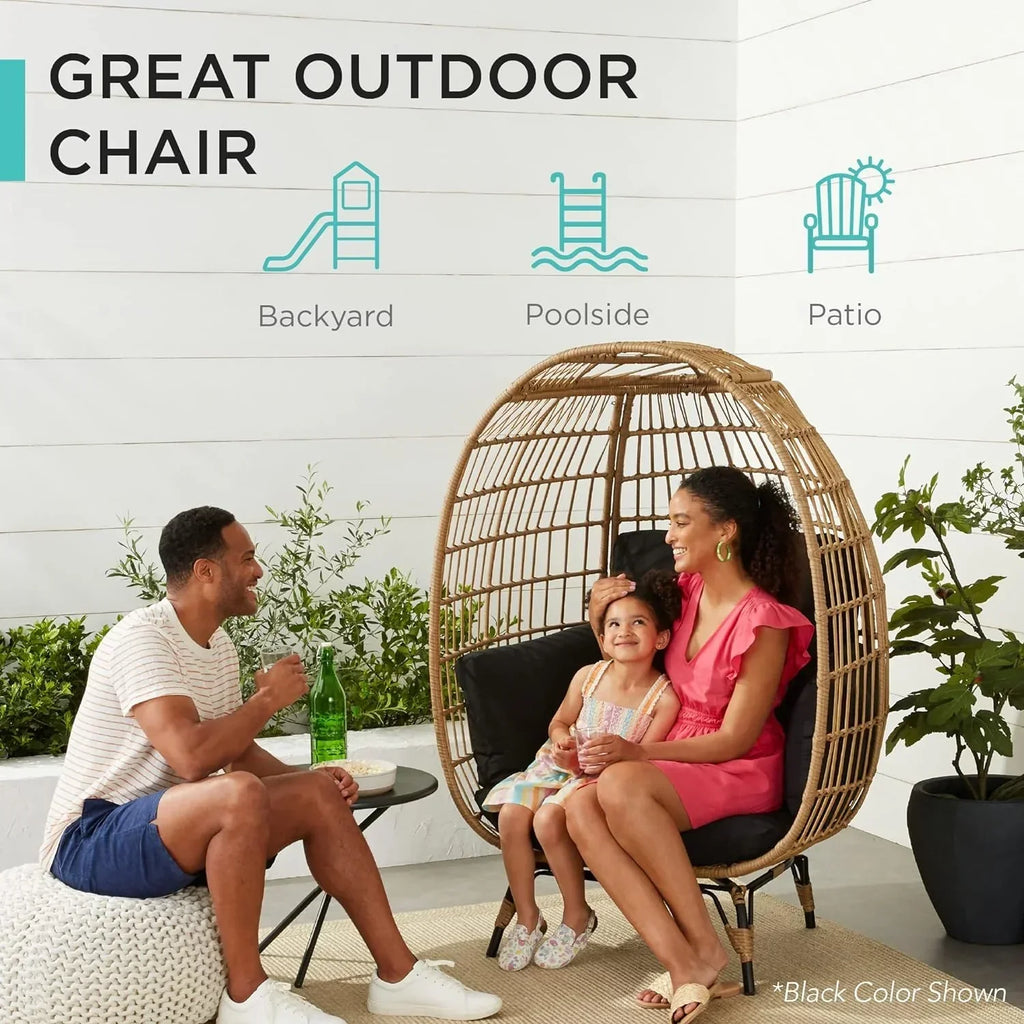 Ivory Wicker Egg Chair, Oversized Indoor Lounger, 440lb Capacity, Bohemian Style, Steel Frame, Cushions Included