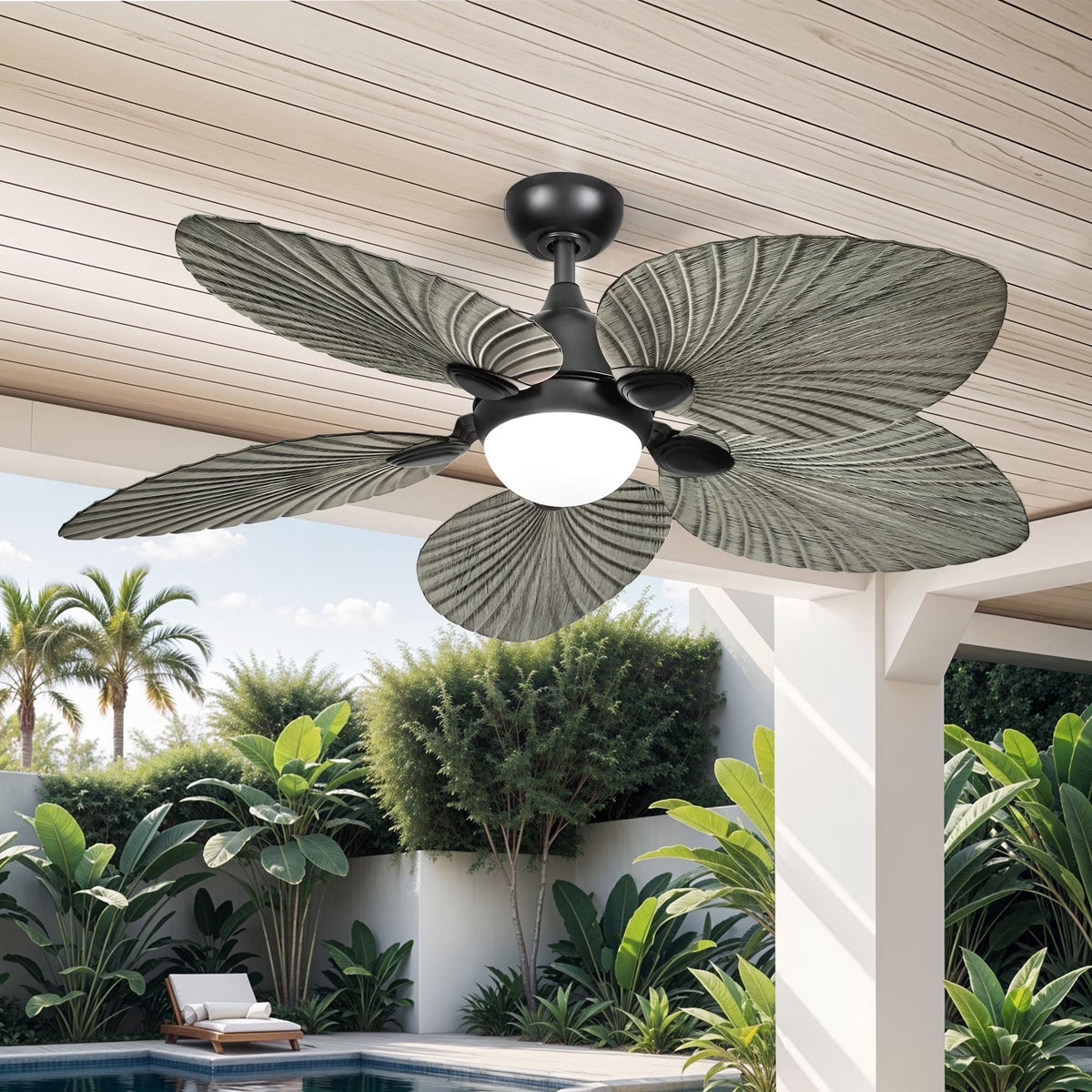 ModFusion 52" Gray Black Coastal Ceiling Fan with Palm Leaf Blades, LED Light & Remote -C Quiet Reversible DC Motor Indoor/Outdoor - image 1
