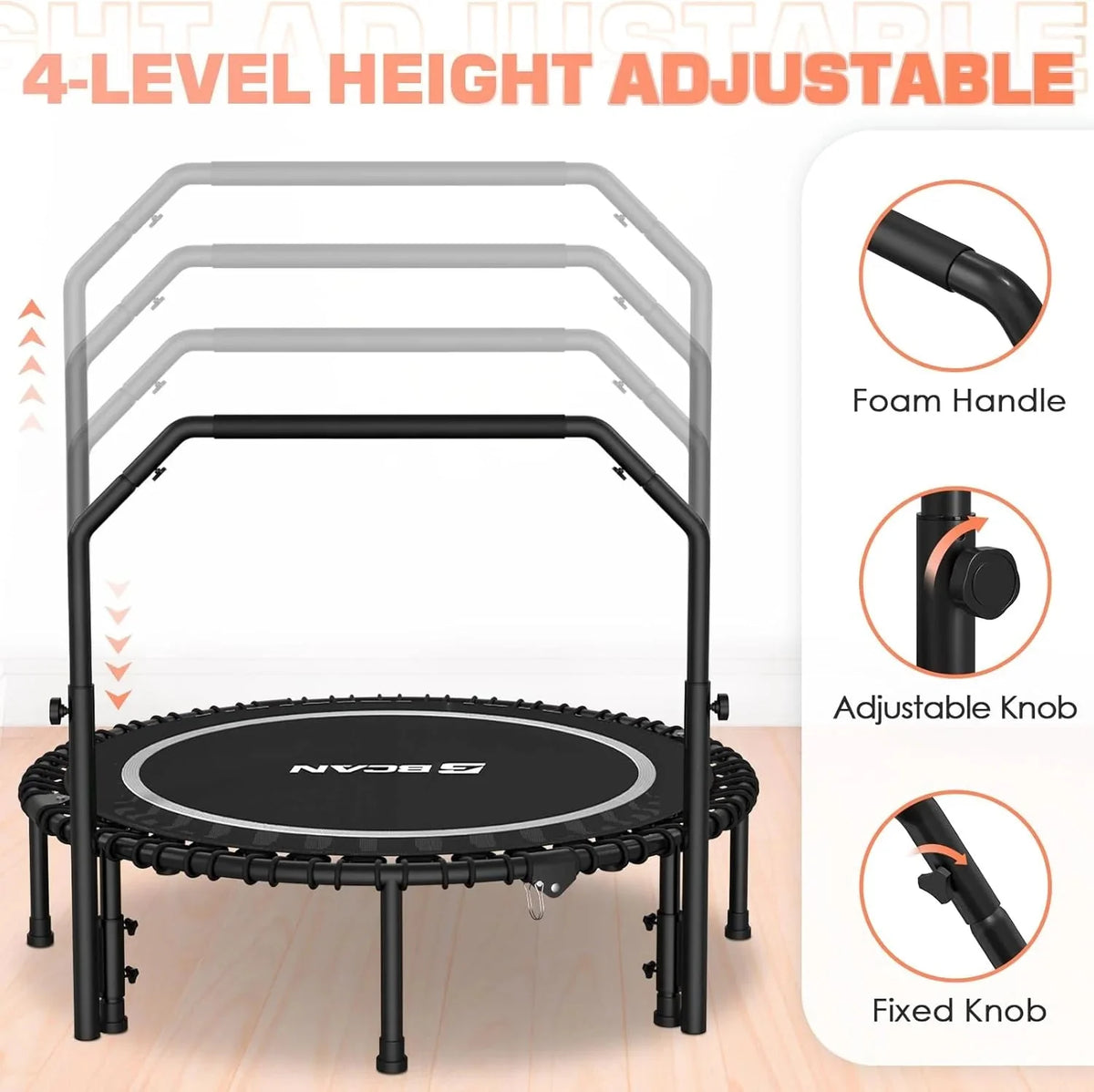 BCAN 450/550 LBS Foldable Mini Trampoline, 40"/48" Fitness Trampoline with Bungees, U Shape Adjustable Foam Handle, Stable & Quiet Exercise Rebounder for Adults Indoor/Outdoor Workout - image 47