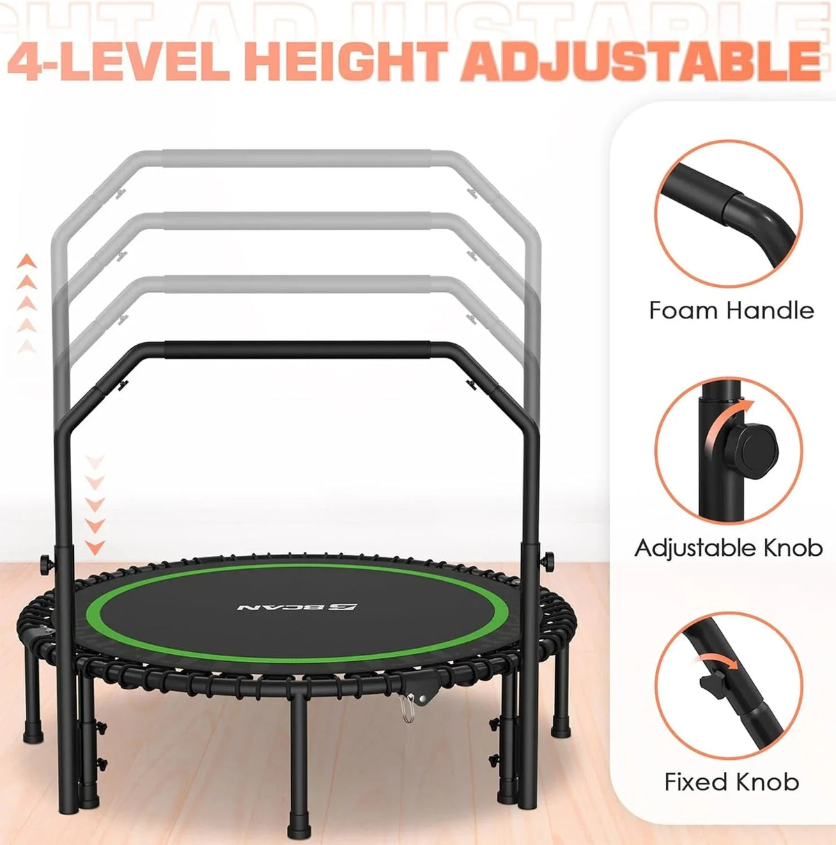 BCAN 450/550 LBS Foldable Mini Trampoline, 40"/48" Fitness Trampoline with Bungees, U Shape Adjustable Foam Handle, Stable & Quiet Exercise Rebounder for Adults Indoor/Outdoor Workout - image 13