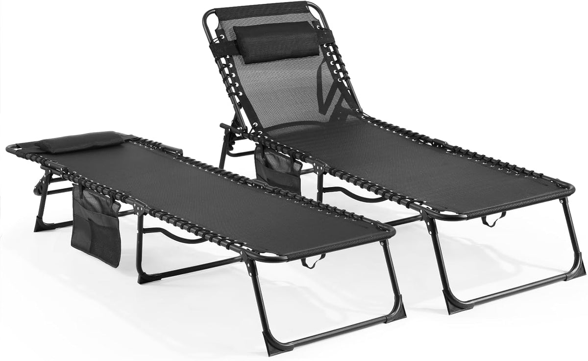Unovivy Outdoor Chaise Lounge Chairs Set of 2, Portable Folding Pool Lounge Chair with 5-Position Reclining Back, Teslin Tann