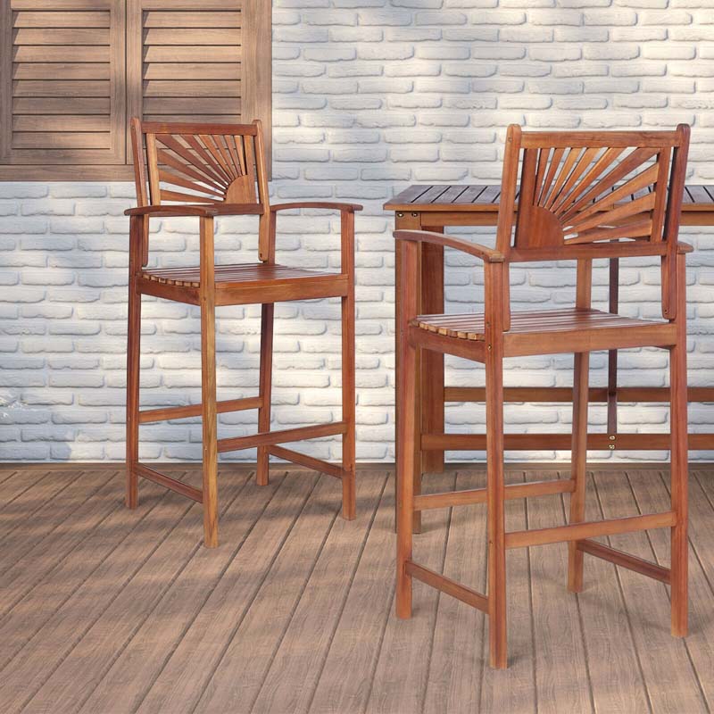 2 Pack Acacia Wood Bar Stools Outdoor Patio Bar Chairs With Sunflower Backrest Amp Curved Armrests - Comfortable And Ergonomi