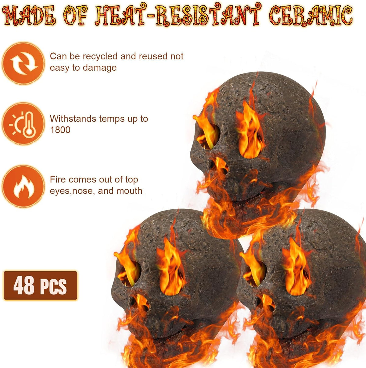48-Pack Fire Pit Skulls, Halloween Skull Stone Decorations