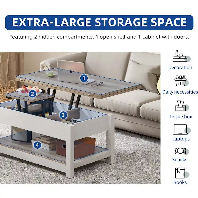 Moasis Farmhouse Lift-Top Coffee Table with Expandable Surface, Hidden Storage, and Shelf for Living Room - image 5