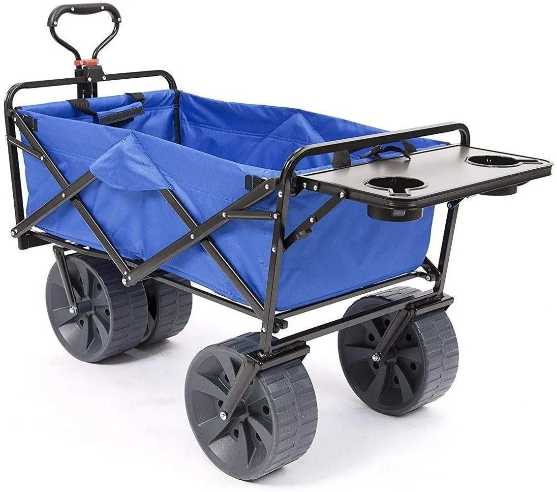 All Terrain Beach Wagon with Side Table|Heavy Duty Collapsible Folding Cart with Large Wheels for Beach Day, Picnic, Camping,