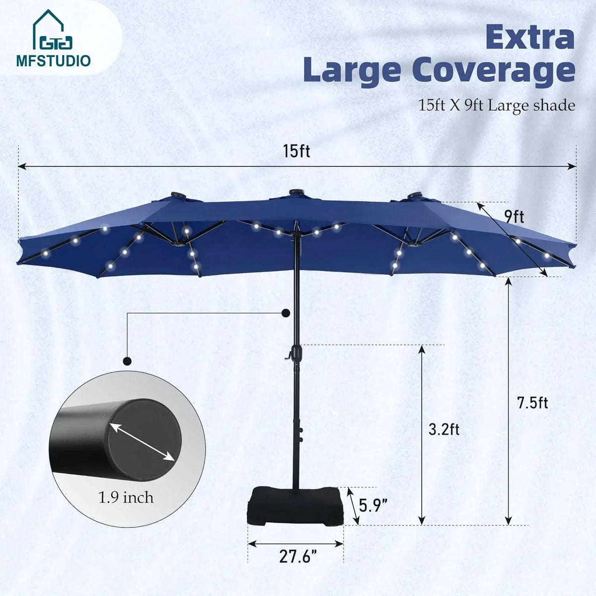 15ft Double Sided Patio Umbrella with Solar Lights, Outdoor Large Umbrellas with Crank Handle and 36 LED Lights, Rectangular Market Umbrella with Base Included for Deck Pool Shade - image 9