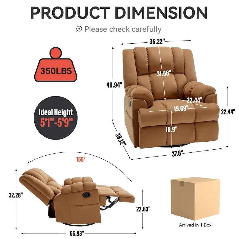 Extra-Large Swivel Rocker Recliner with Footrest and Pockets - Manual Operation - image 28