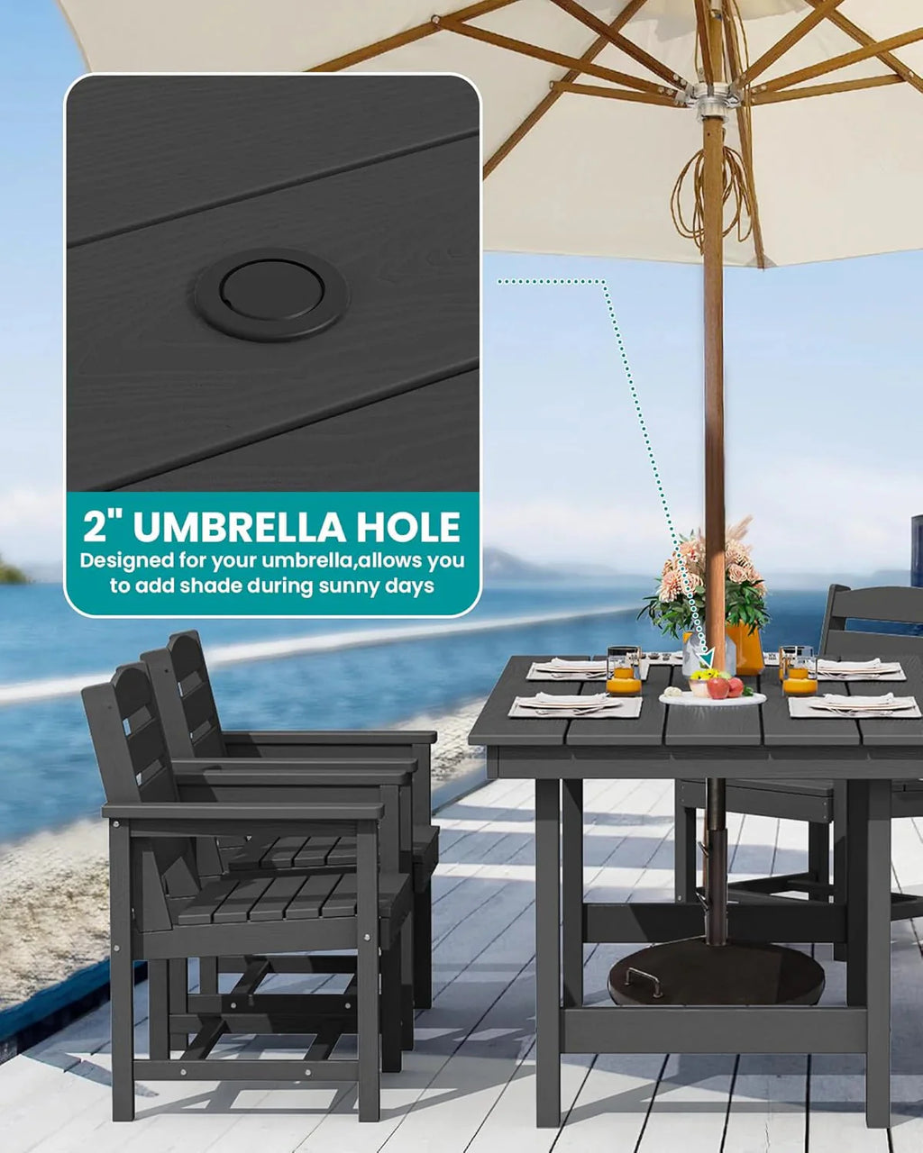 SERWALL 7-Piece Patio Table Set, Outdoor HDPE Dining Furniture with Umbrella Hole, All Weather Table and Chairs for Lawn, Garden, Poolside, Aruba - image 115