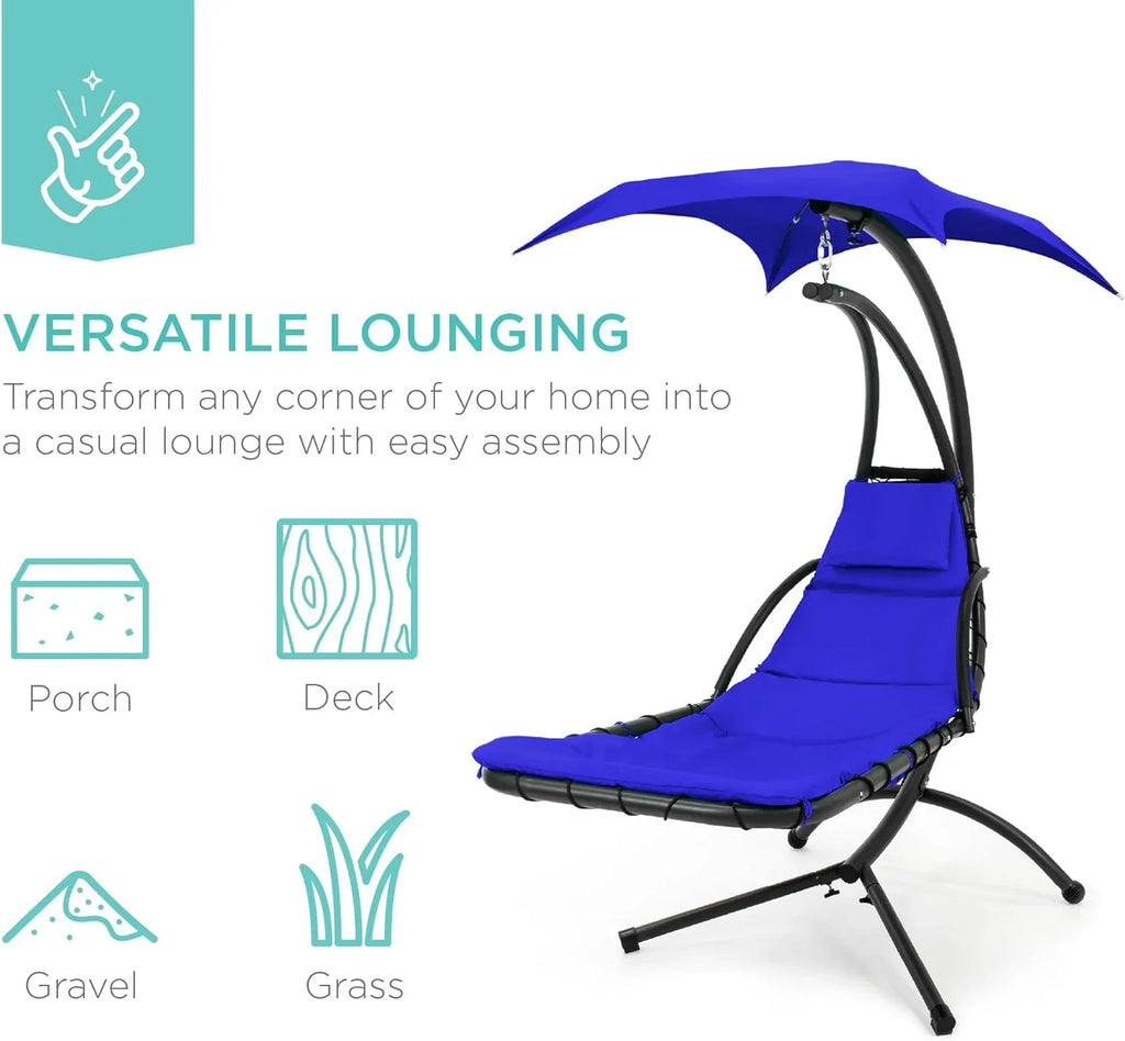 Best Choice Products Outdoor Hanging Curved Steel Chaise Lounge Chair Swing w/Built-in Pillow and Removable Canopy - Charcoal