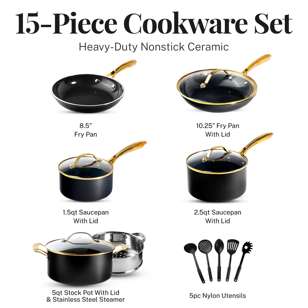 Gotham Steel 15 Pc Ceramic Cookware Set Nonstick, Ceramic Pots and Pans Set Non Stick with Steamer & Cooking Utensils, Non Toxic, Premium Stay Cool Handles, Oven & Dishwasher Safe, Blue - image 10