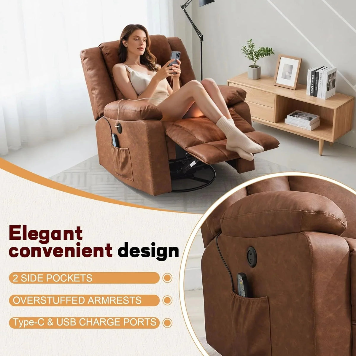 Rocker Recliner, Glider Recliner Chairs for Adults, 360° Swivel Rocking Chair with Massage and Heating, Nursery Chair with Storage and USB Charging for Living Room, Bedroom, Nursery - image 45