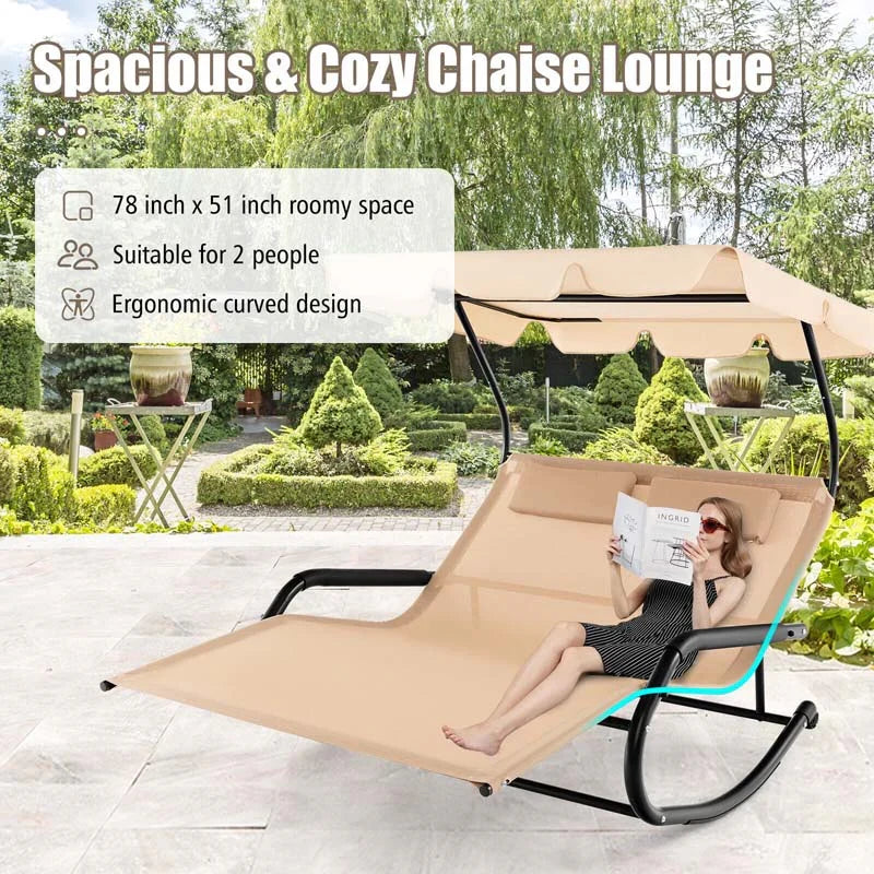 2 Person Patio Hammock Bed Swing Chair Extra Large Outdoor Rocking Chaise Lounge With Adjustable Canopy And Wheels - Comforta