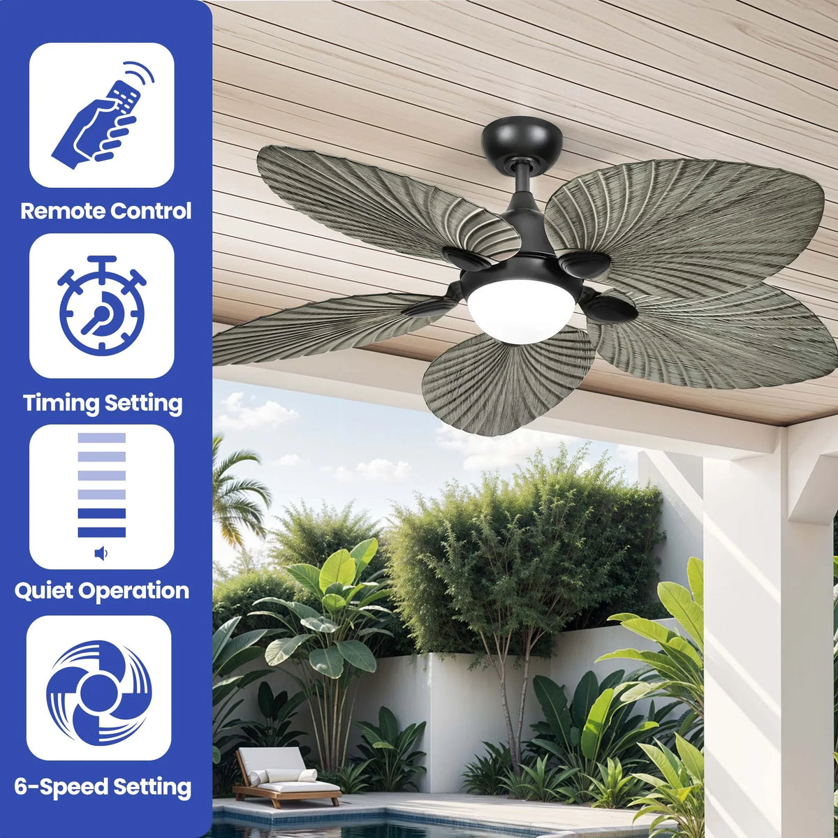 ModFusion 52" Gray Black Coastal Ceiling Fan with Palm Leaf Blades, LED Light & Remote -C Quiet Reversible DC Motor Indoor/Outdoor - image 4